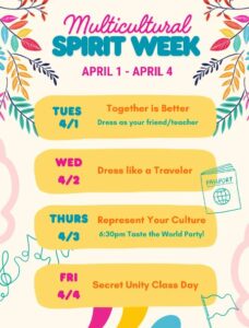 Multicultural Spirit Week April 1-April 4