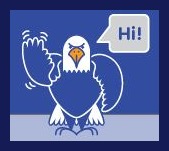 Picture of the Glebe Mascot 'Gleagle' - a blue bald eagle with a white head saying Hi