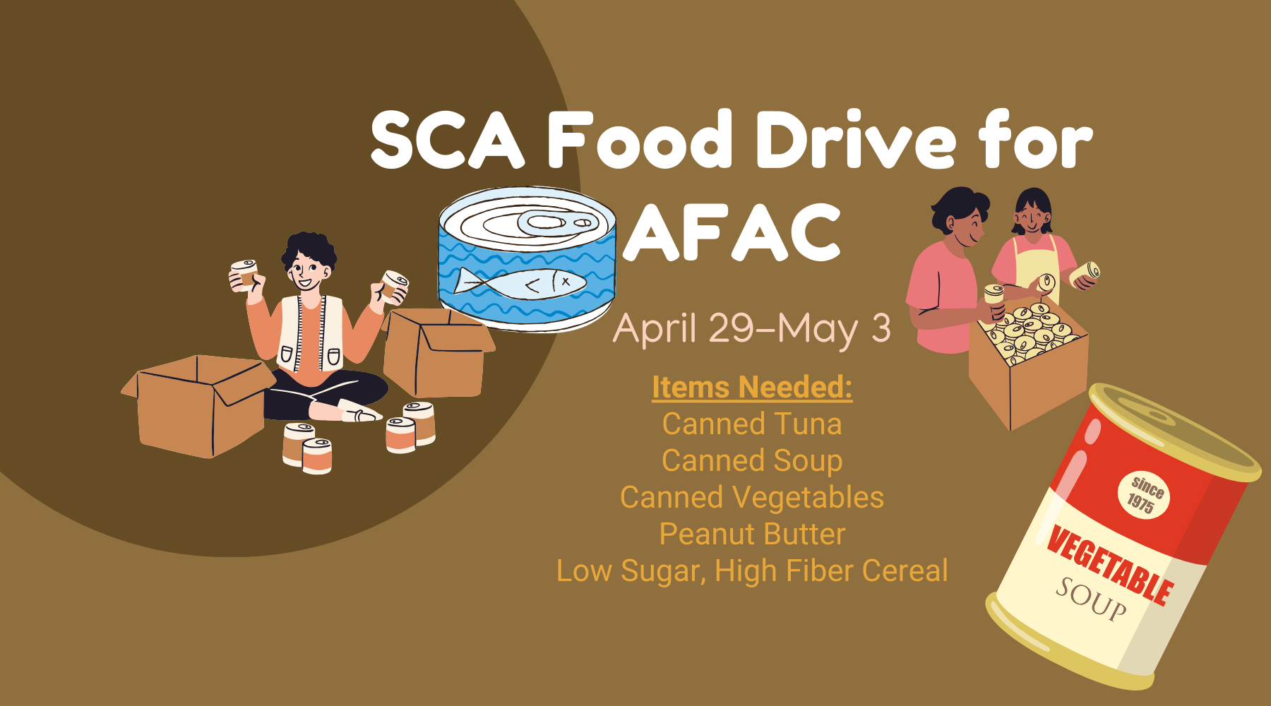 SCA food drive for AFAC with cartoon cans